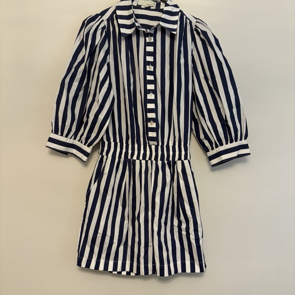 Pinch Striped Blue White Button Front Romper Shorts 3/4 Sleeve Collared Medium